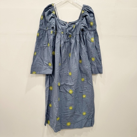 Free People Emory Embroidered Sun Chambray Midi Dress Cotton Linen Puff Sleeve - Picture 5 of 12